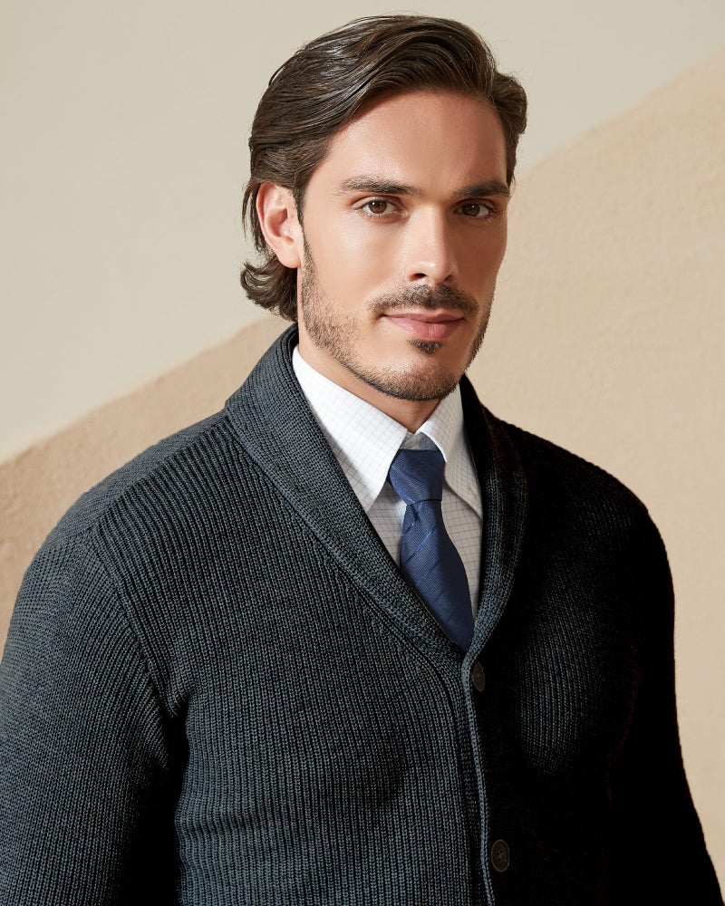 Kallspin Men's Wool Blend Shawl Collar Cardigan Sweater Button Down Knitwear with Pockets(Dark Grey, Large) - Image 4